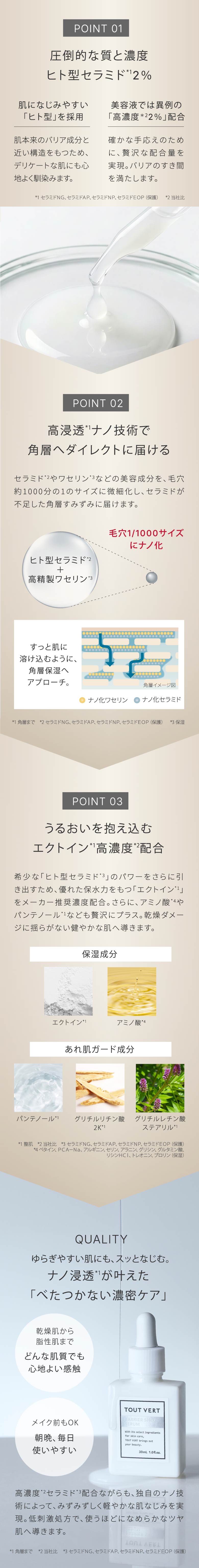POINT01 圧倒的な質と濃度​ヒト型セラミド*12％｜POINT2 高浸透*1ナノ技術で​角層へダイレクトに届ける｜POINT3 うるおいを抱え込む​エクトイン*1高濃度*2配合｜ ゆらぎやすい肌にも、スッとなじむ。​​ナノ浸透*1が叶えた​「べたつかない濃密ケア」高濃度*2セラミド*3配合ながらも、独自のナノ技術によって、みずみずしく軽やかな肌なじみを実現。低刺激処方で、使うほどになめらかなツヤ肌へ導きます。