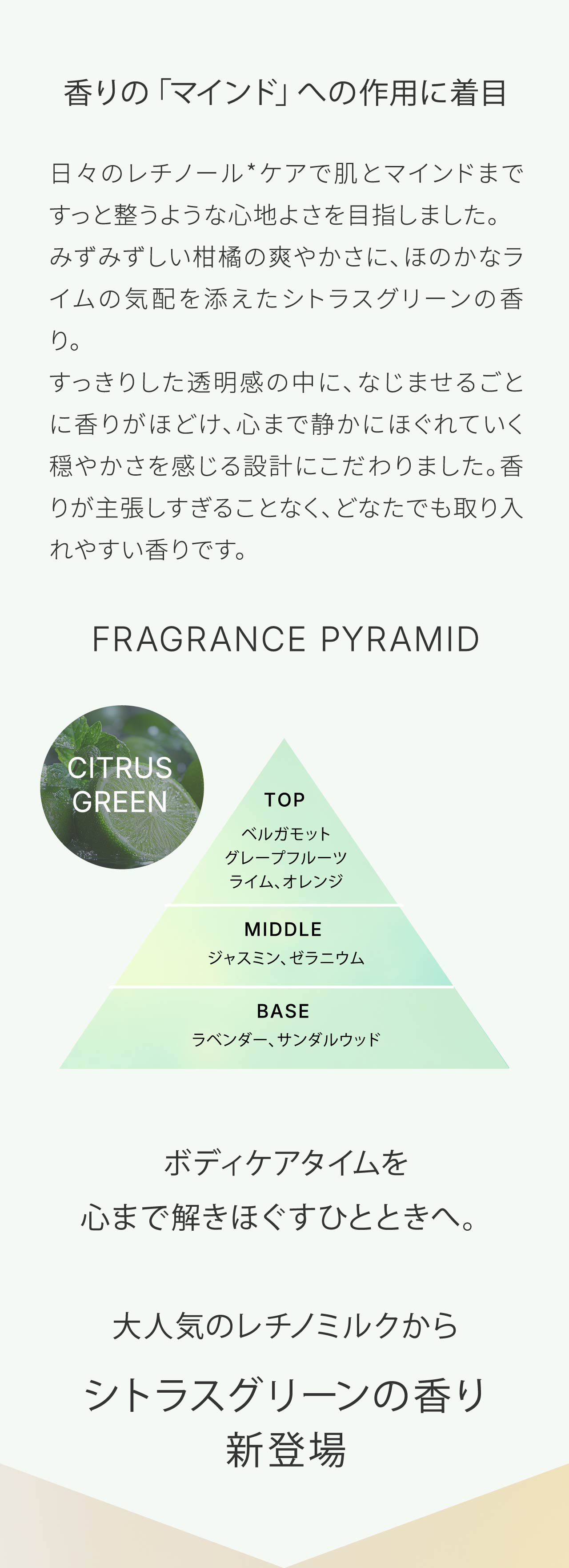 香りの「マインド」への作用に着目｜日々のレチノール*ケアで肌とマインドまですっと整うような心地よさを目指しました。みずみずしい柑橘の爽やかさに、ほのかなライムの気配を添えたシトラスグリーンの香り。すっきりした透明感の中に、なじませるごとに香りがほどけ、心まで静かにほぐれていく穏やかさを感じる設計にこだわりました。香りが主張しすぎることなく、どなたでも取り入れやすい香りです。ボディケアタイムを心まで解きほぐすひとときへ。大人気のレチノミルクからシトラスグリーンの香り新登場