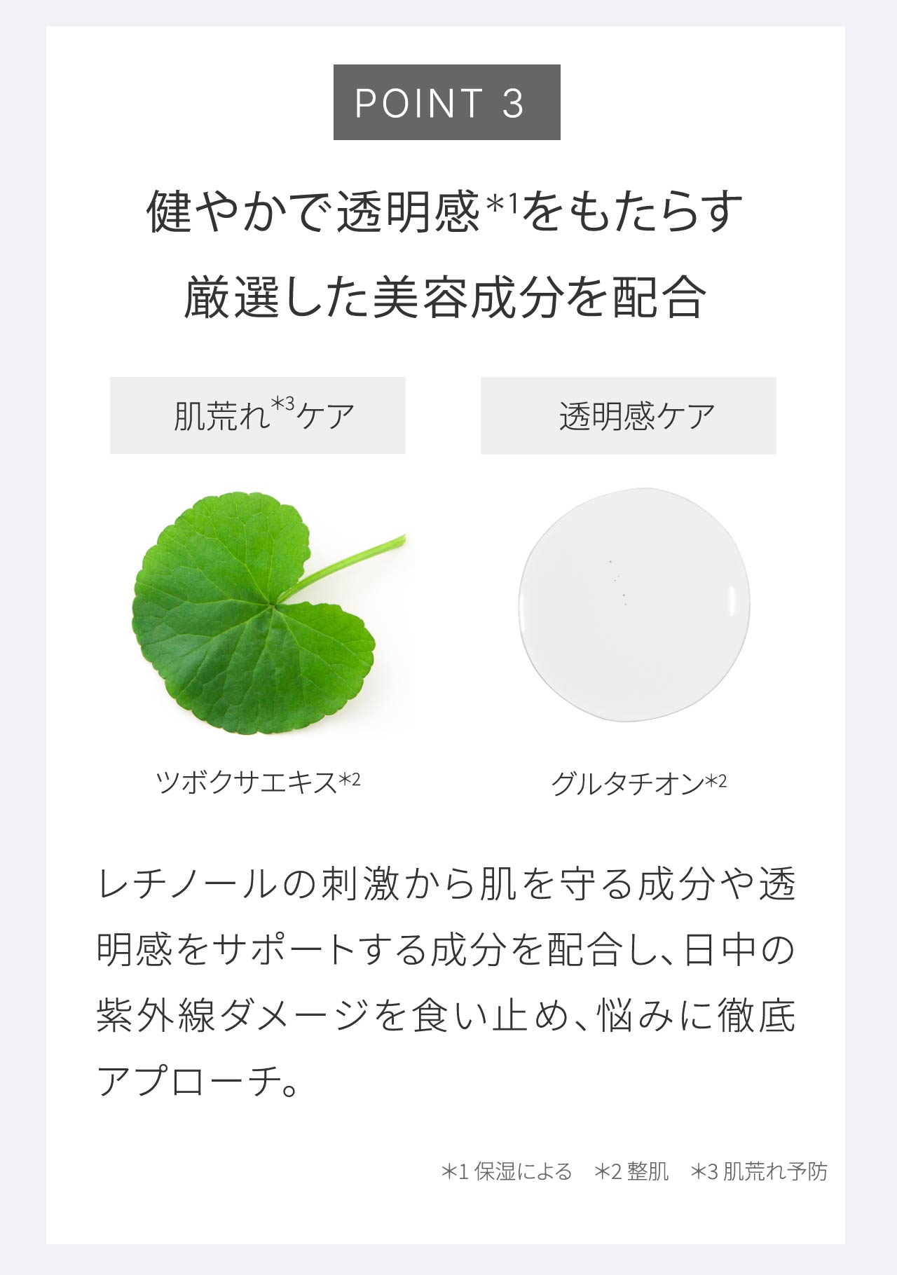 POINT 3 健やかで透明感＊1をもたらす厳選した美容成分を配合｜レチノールの刺激から肌を守る成分や透明感をサポートする成分を配合し、日中の紫外線ダメージを食い止め、悩みに徹底アプローチ。