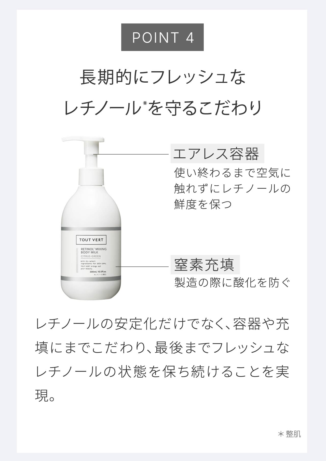 POINT 4 長期的にフレッシュなレチノール*を守るこだわり｜レチノールの安定化だけでなく、容器や充填にまでこだわり、最後までフレッシュなレチノールの状態を保ち続けることを実現。